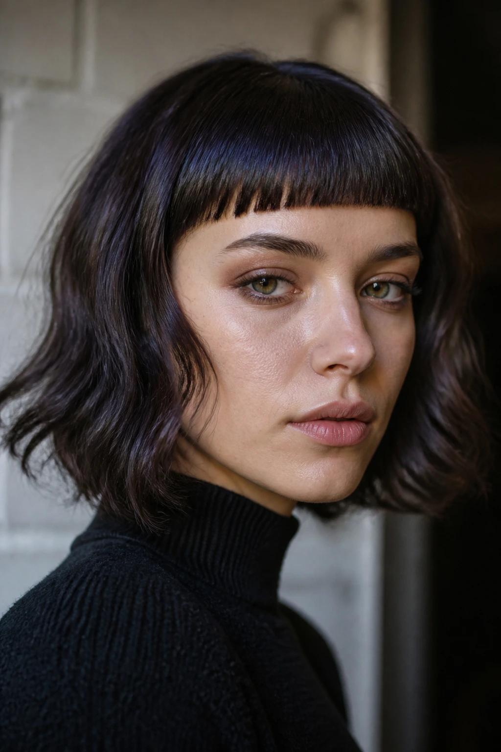 Close-up of a real person with smoky brunette and baby bangs