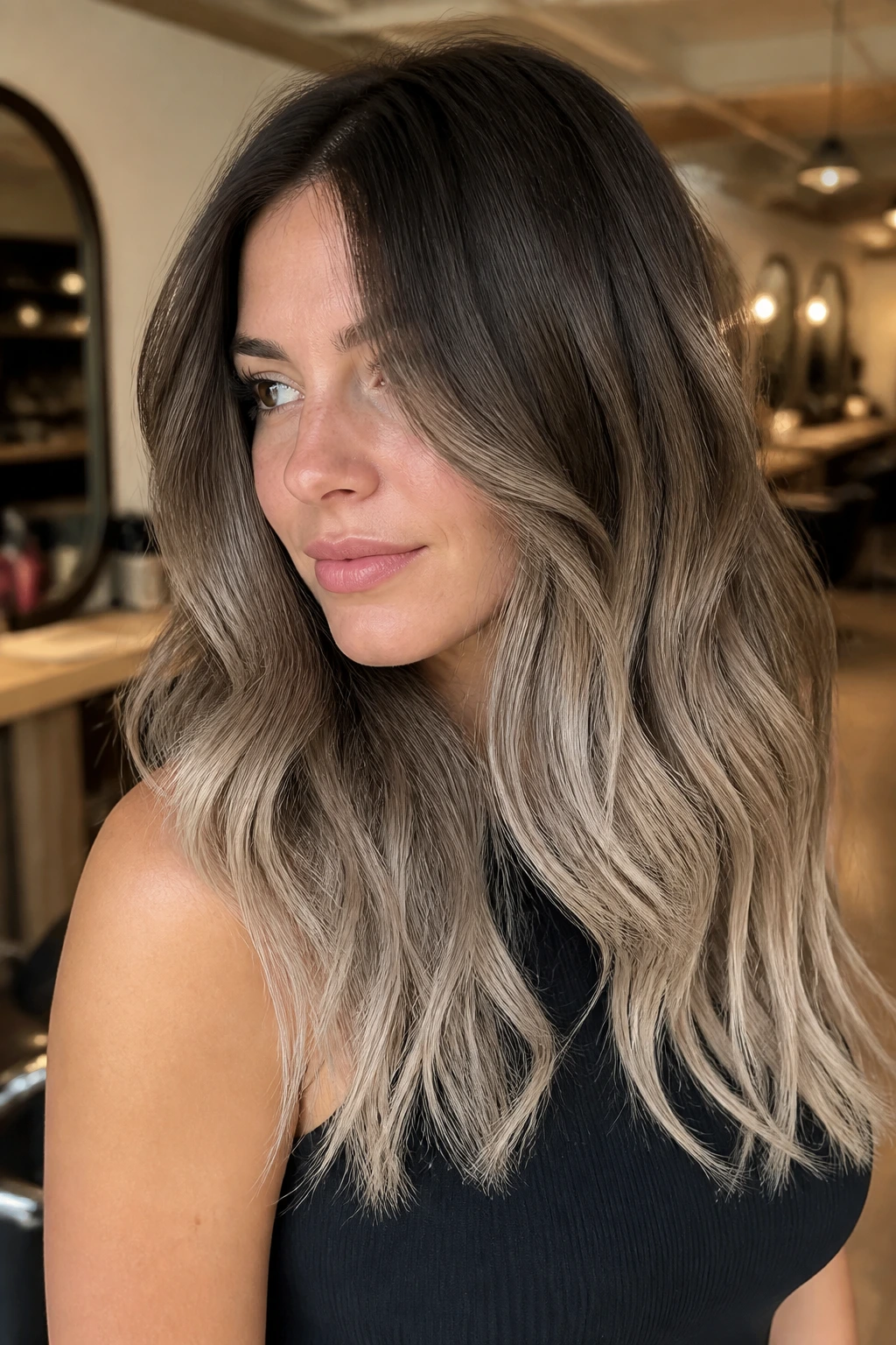 Portrait of a real woman with smoky brunette to ash blonde balayage