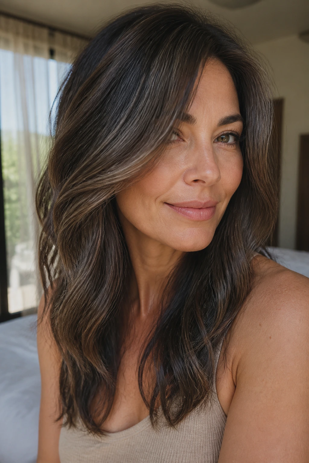 Close-up of a real woman with smoky brunette balayage and cool brown ribbons.