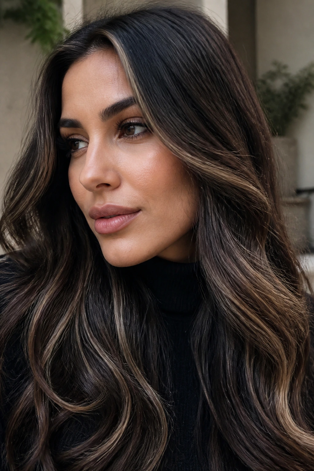 Close-up portrait of a woman with smoky brunette hair and beige lowlights in a shaded outdoor setting