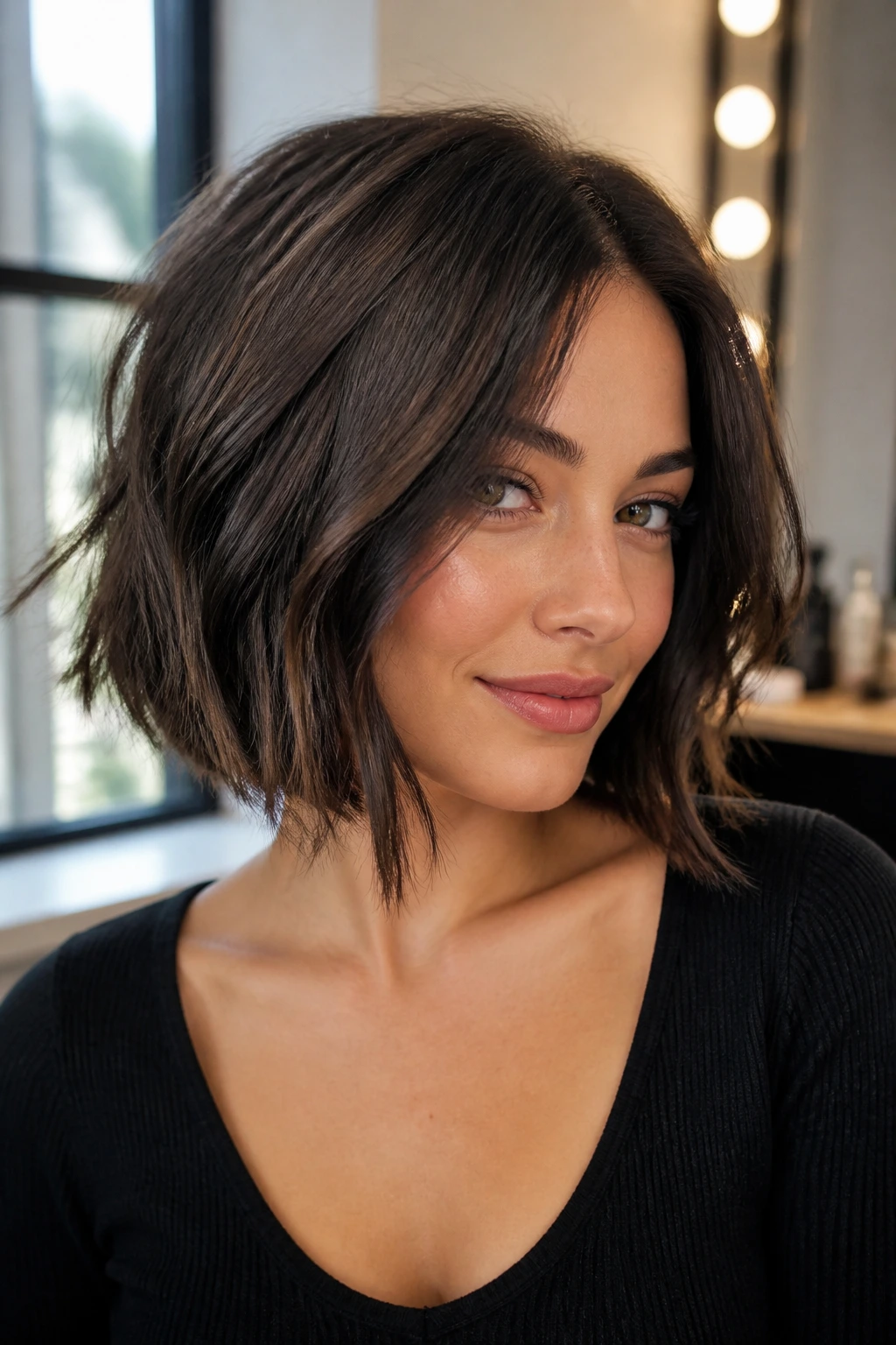 Close-up of a real woman with a smoky brunette bob and face-framing darkness.