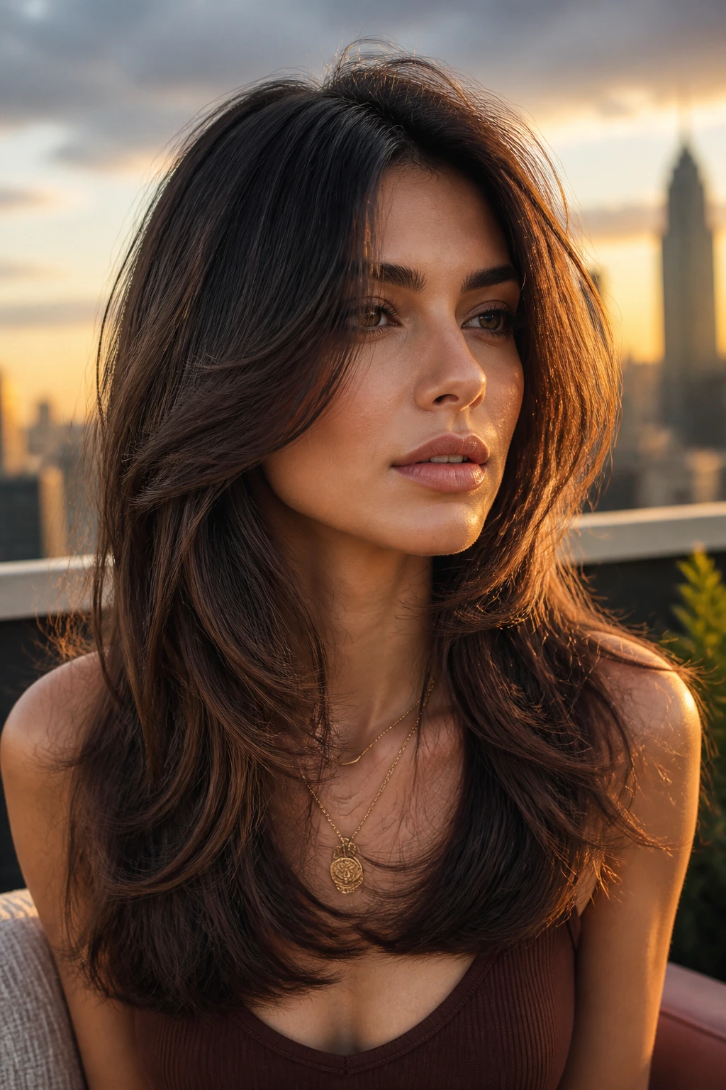 Close-up of smoky brunette butterfly cut featuring lifted crown and sweeping front pieces