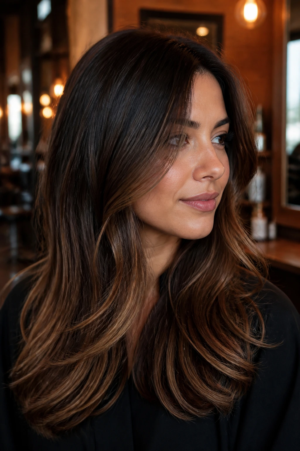 Close-up of smoky brunette hair with warm caramel ends on a real person
