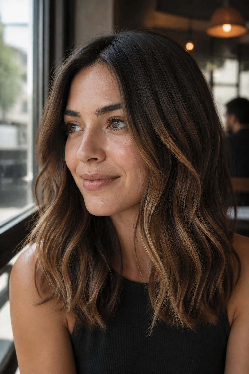 Portrait of a real woman with smoky brunette base and caramel mid-lengths in natural daylight