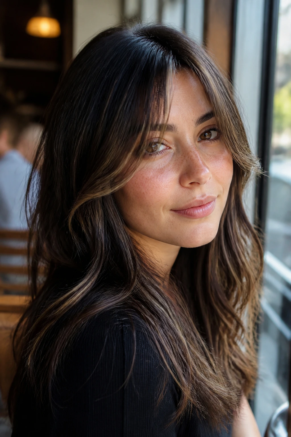 Close-up portrait of a real woman with smoky brunette curtain pieces framing the eyes