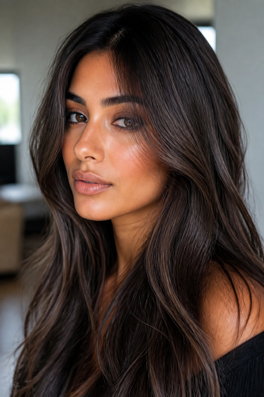 Close-up of a real woman with smoky brunette hair and cool lowlights in soft indoor light.