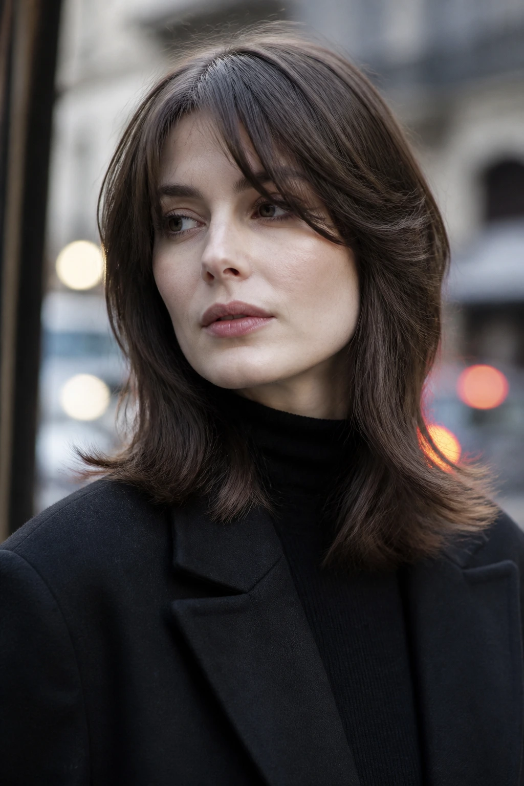 Close-up portrait of a real woman with smoky brunette micro layers.