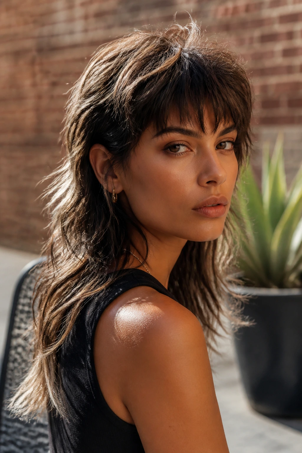 Close-up portrait of a real woman with a smoky brunette mullet on tan skin