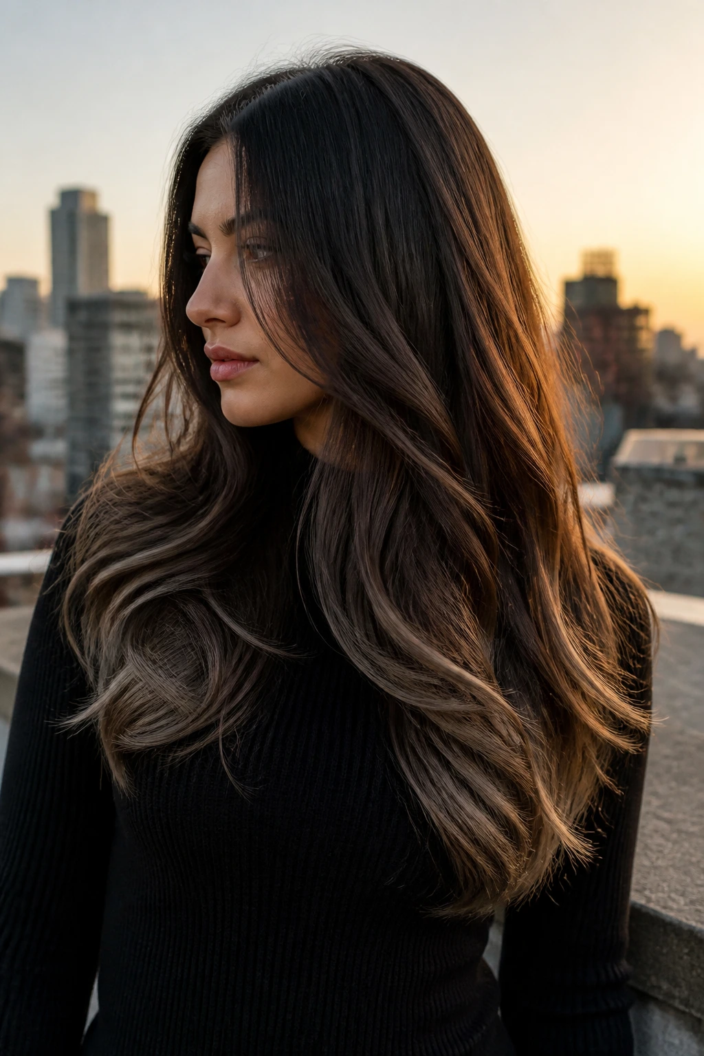 Long hair with smoky brunette ombré ends on a real person.