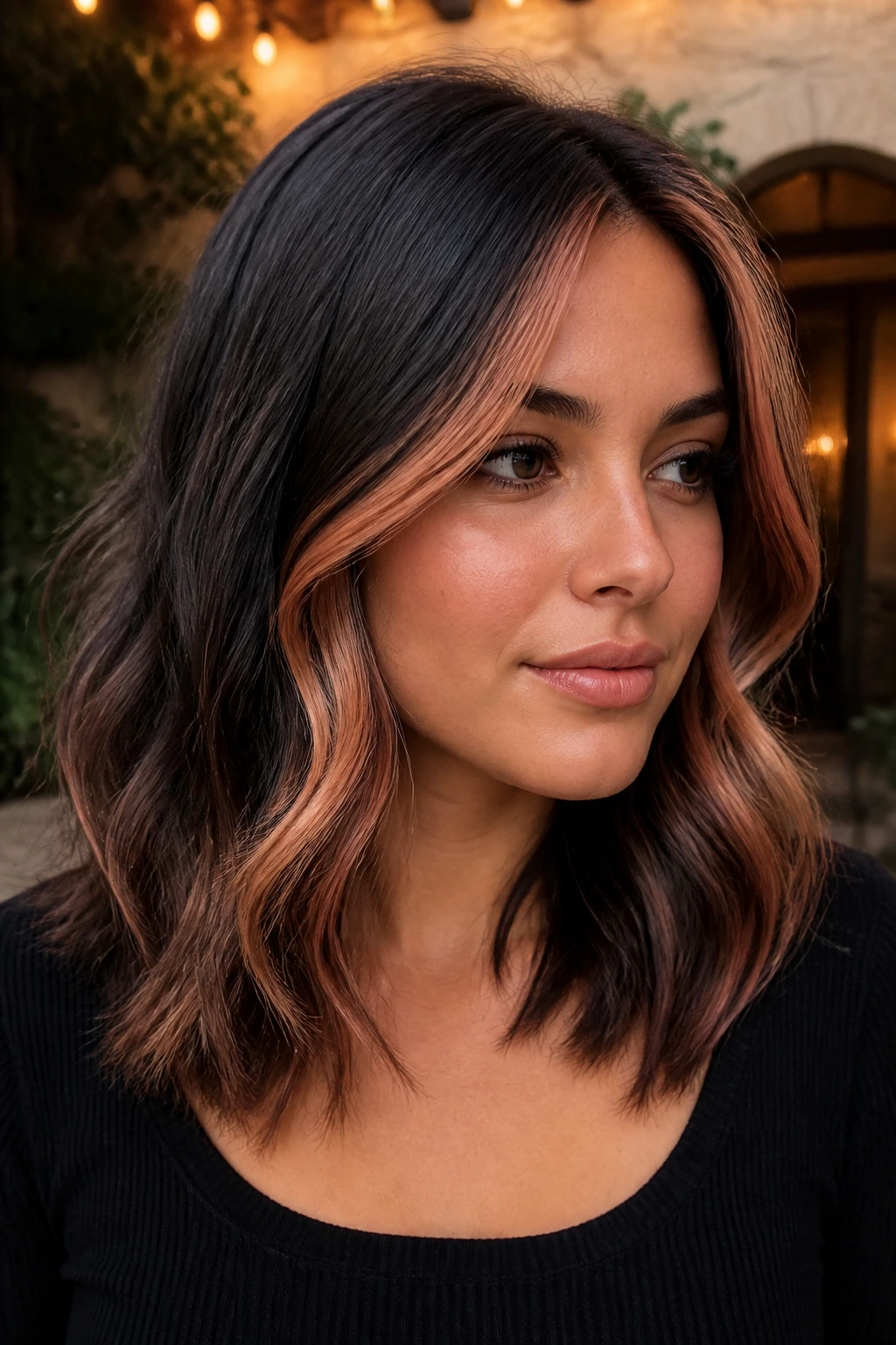 Portrait of a real woman with smoky brunette hair and warm peach panels.