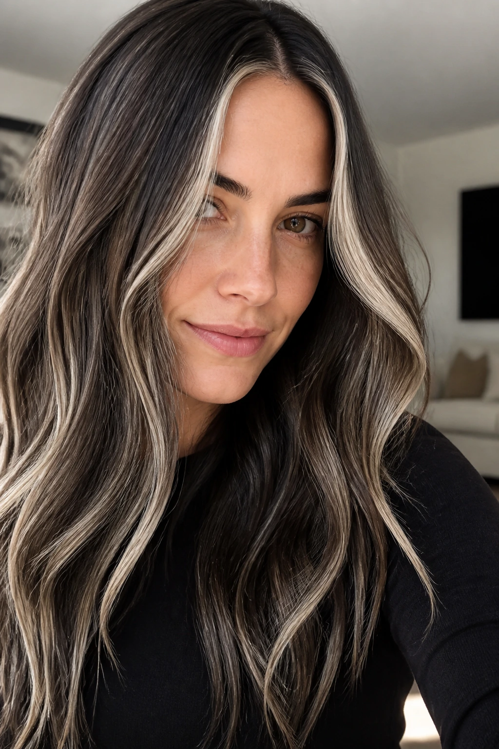 Close-up of a real woman with smoky brunette hair and pearl blonde pieces in natural light