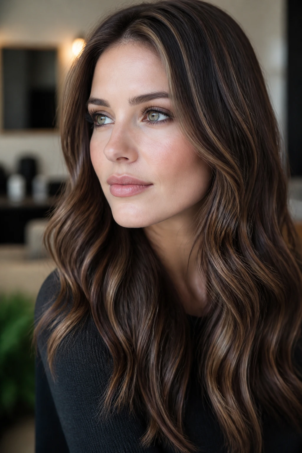 Close-up of a real woman with smoky brunette hair and warm toffee ribbons