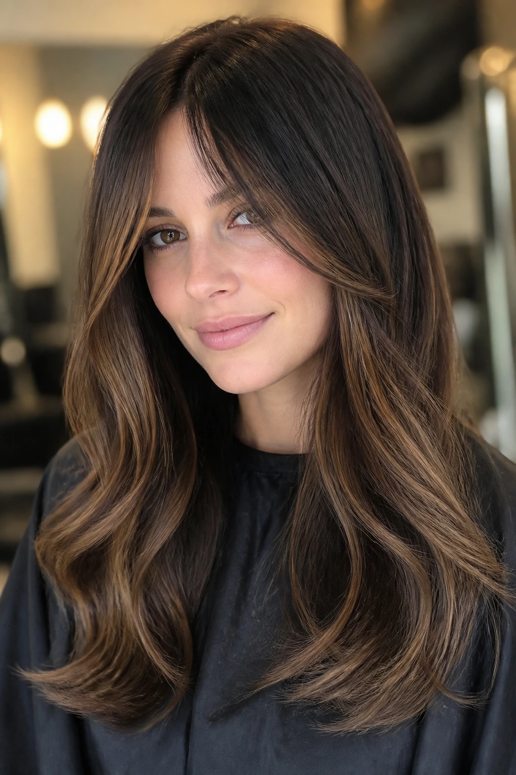 Close-up of smoky brunette with root shadow and glassy ends around curtain bangs