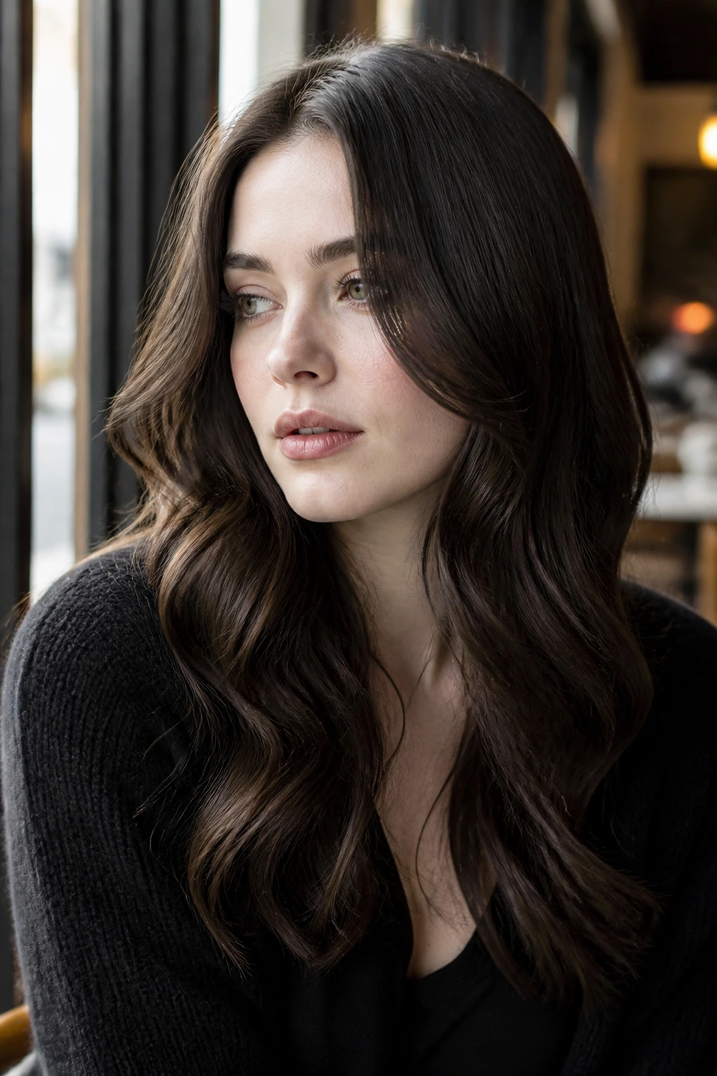 Portrait of a woman with smoky brunette S-curves.