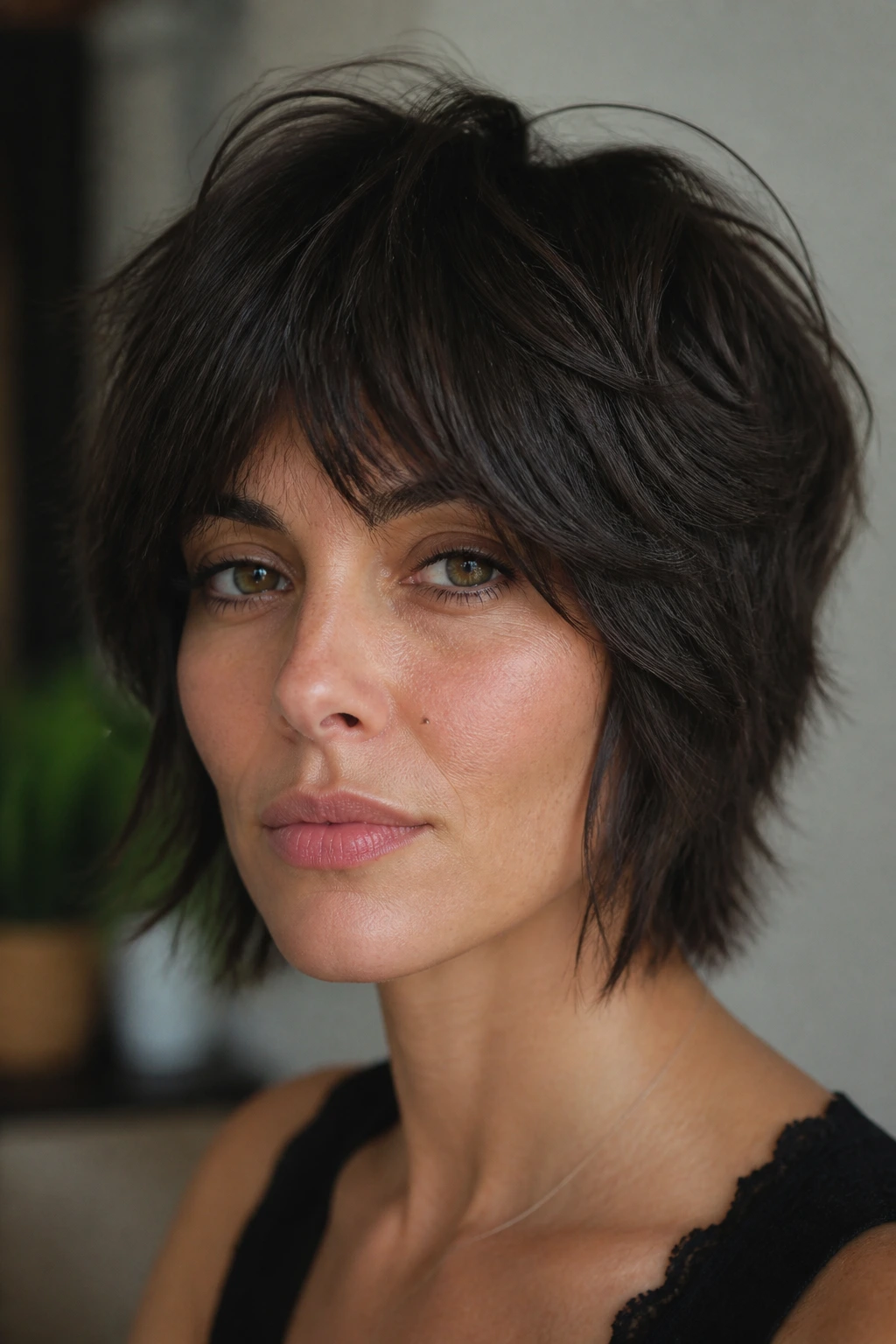 Close-up portrait of a real woman with a smoky brunette shag, layers around crown and cheeks