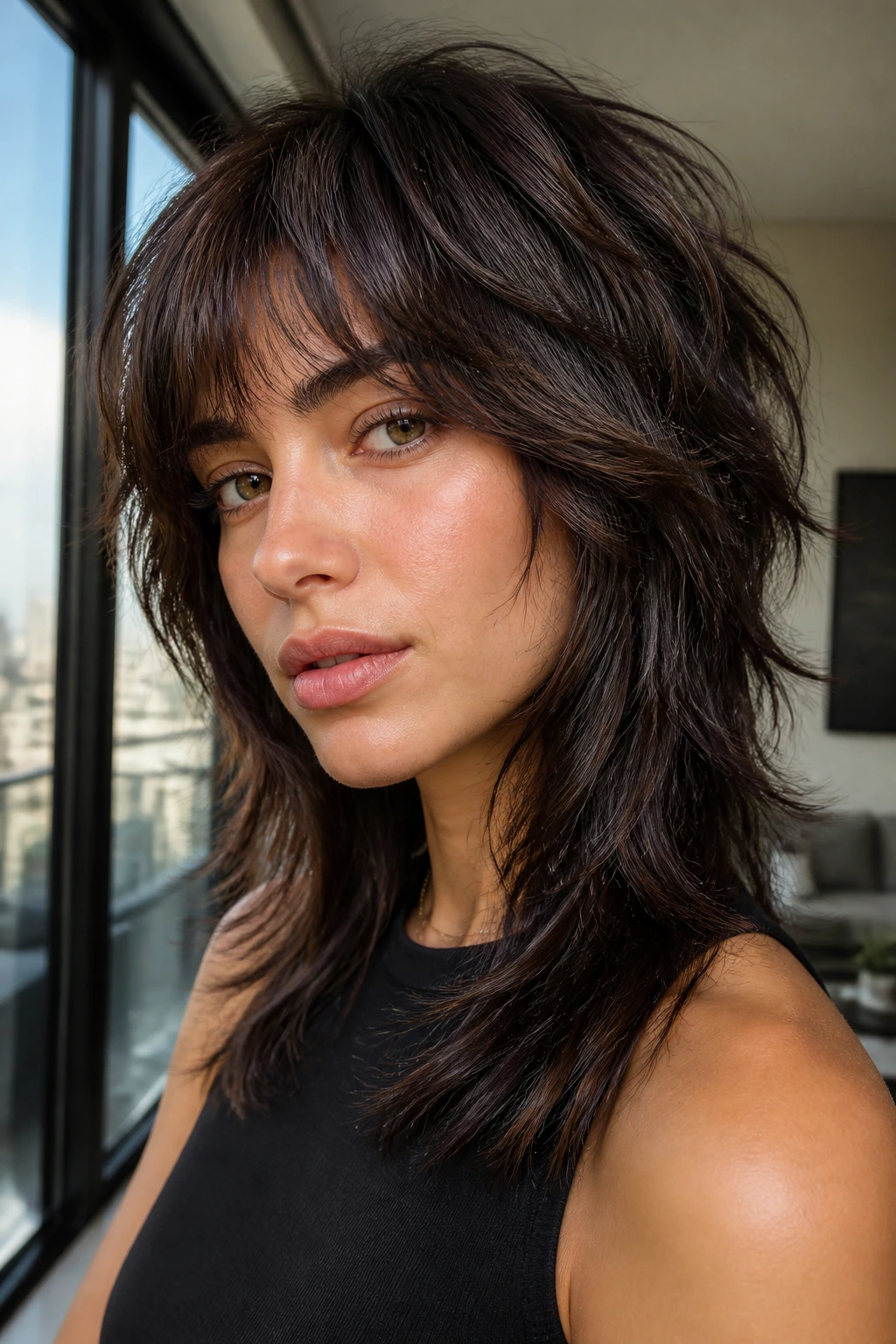 Close-up of a real woman with smoky brunette wolf cut and lowlights