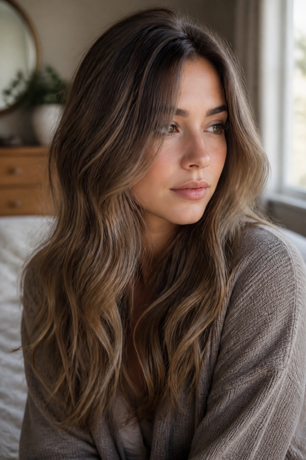 Close-up of hair with soft smoky caramel in natural light