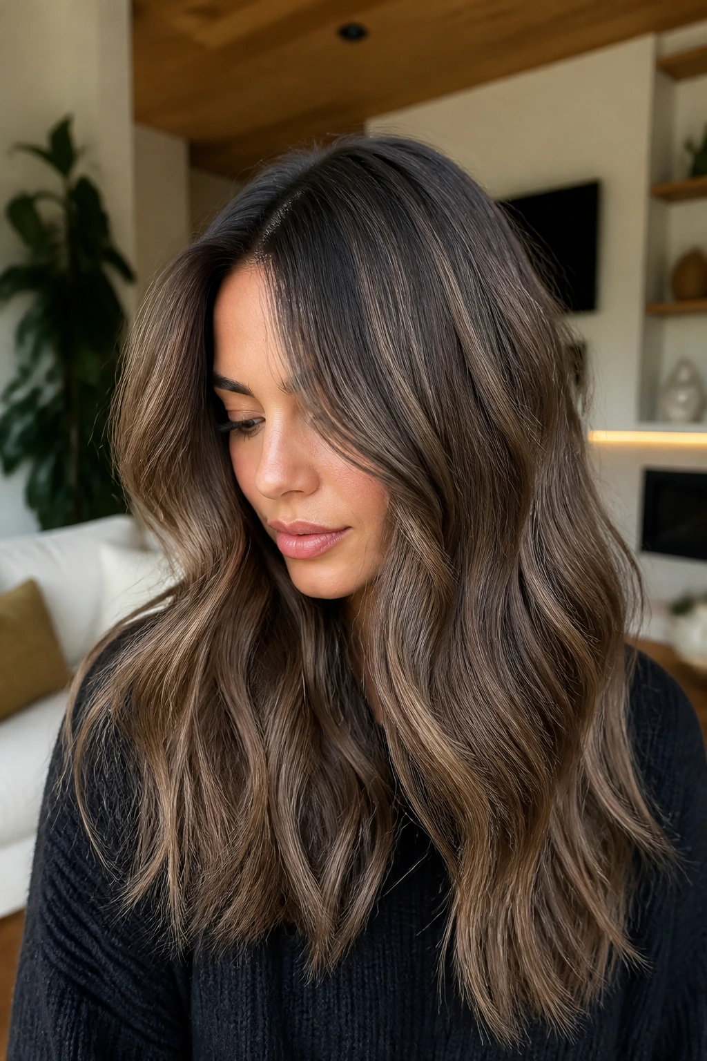 Portrait of a woman with smoky caramel brown hair and cool undertones