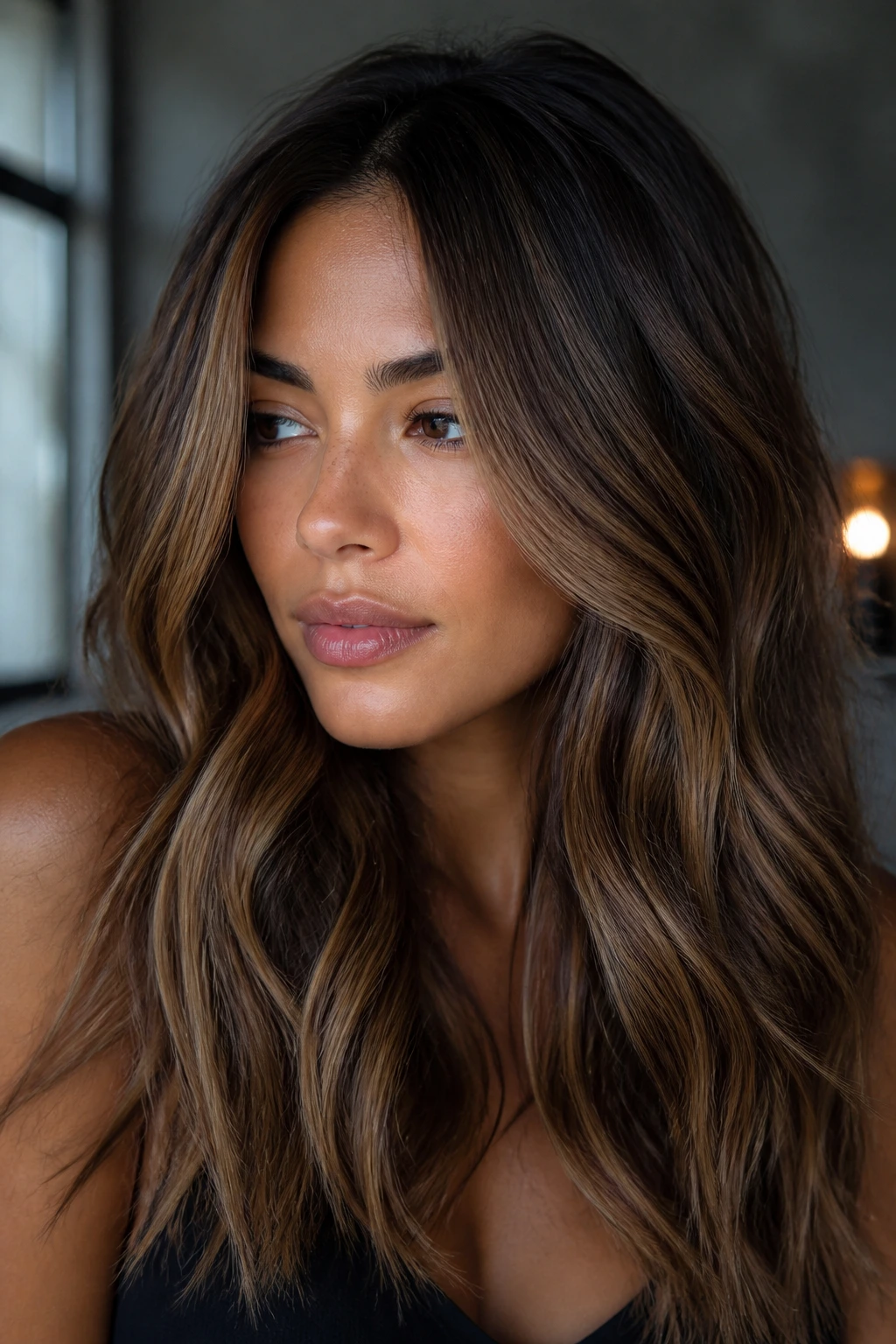 Smoky caramel brunette with cool edges on a real woman