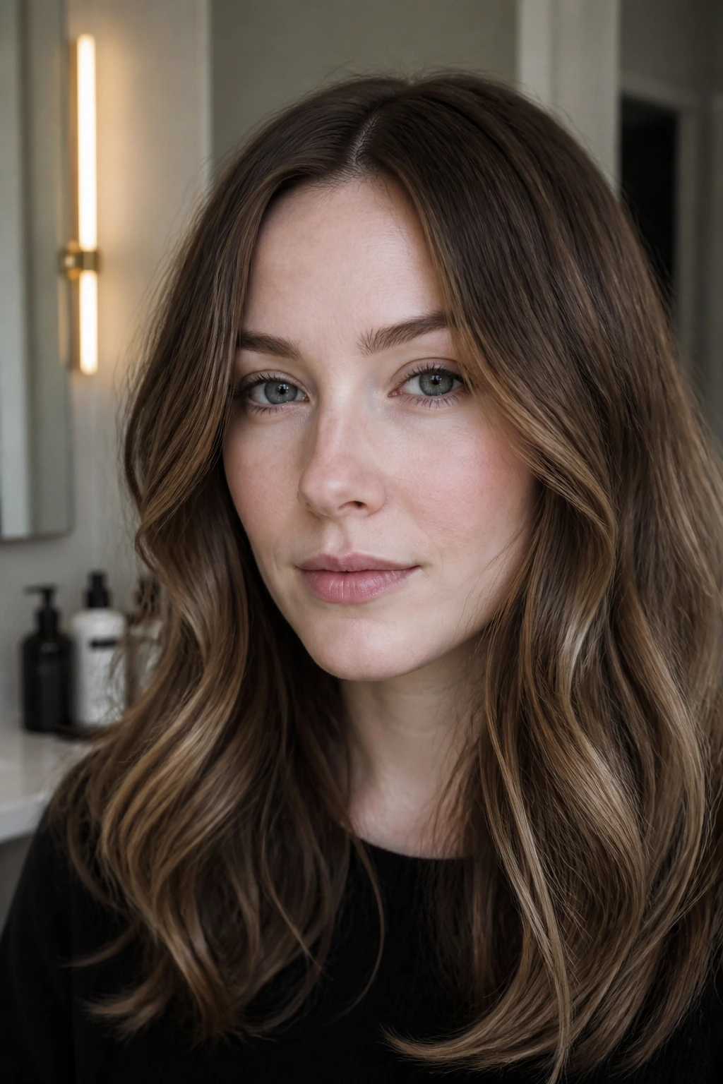 Close-up portrait of a cool-complexion person with smoky caramel hair
