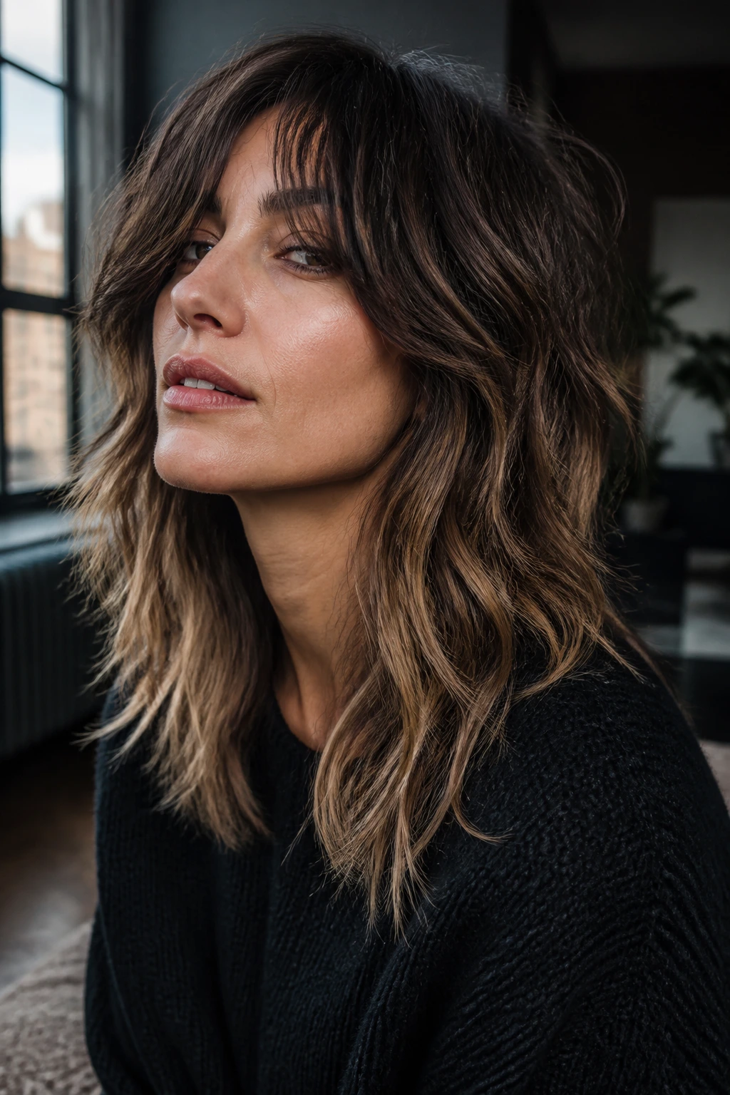 Close-up of a woman with smoky caramel ends on a textured shag in a moody urban setting