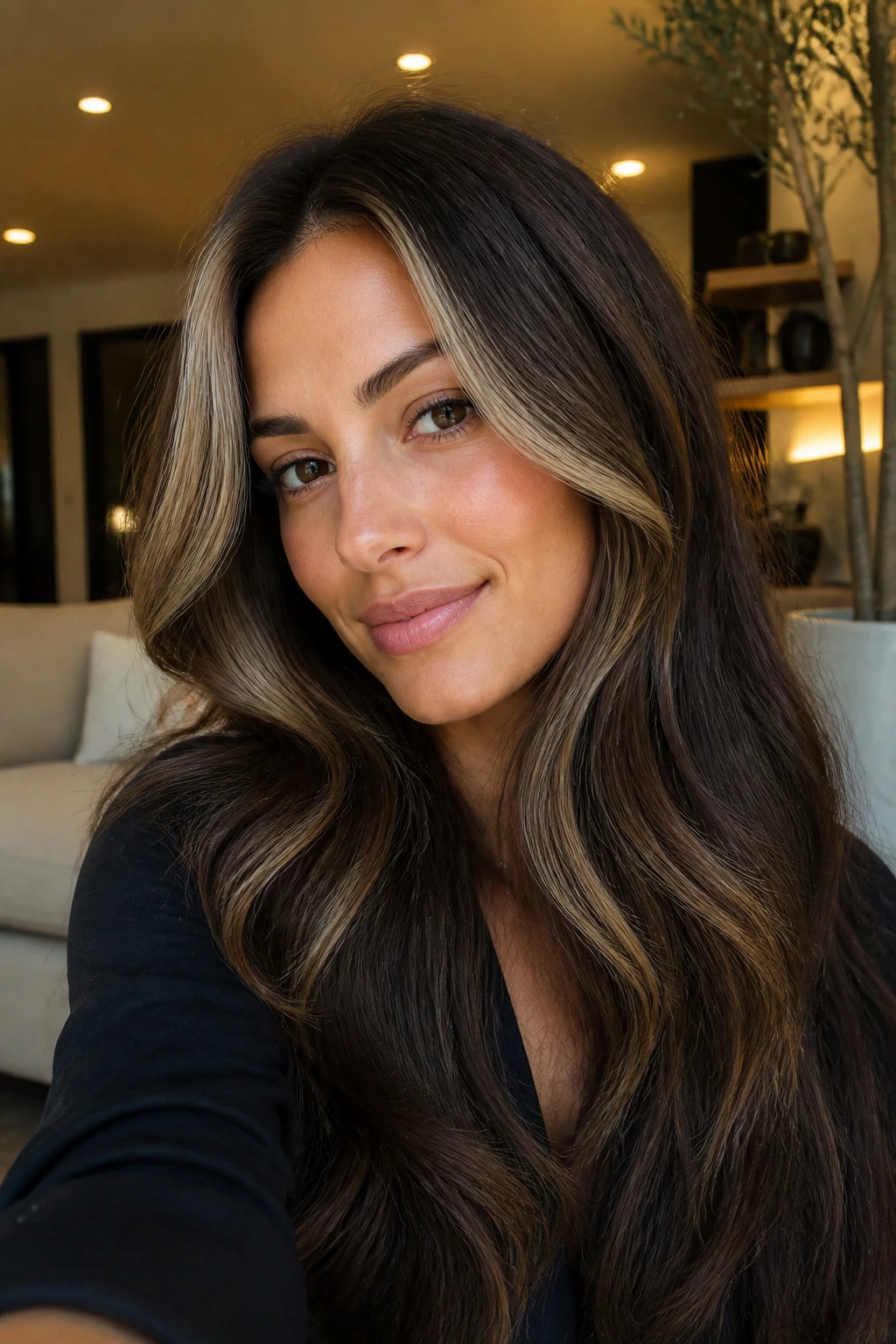 Close-up of a real woman with smoky caramel lowlights and light front pieces framing her face