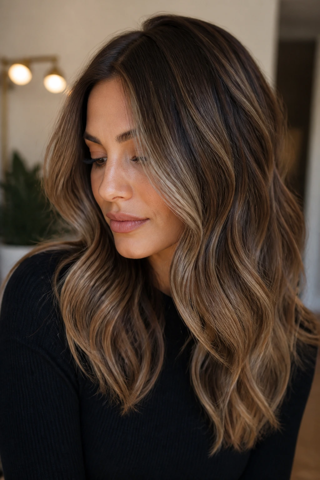Portrait of brunette with smoky caramel and ashy beige lowlights.