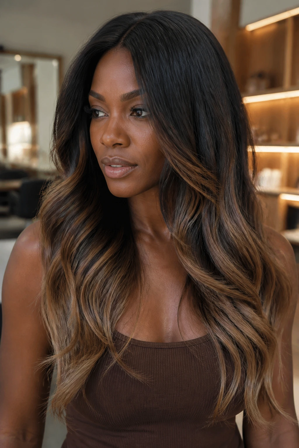 Portrait of long layered hair with smoky caramel ombré