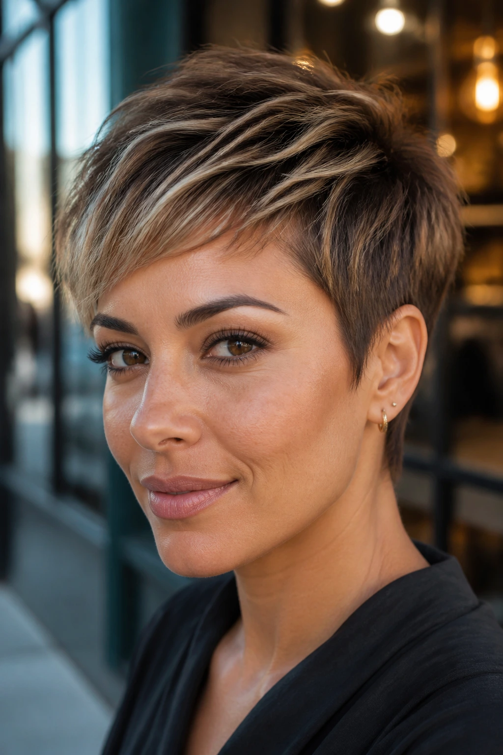 Close-up of a real woman's pixie cut with smoky caramel and frosted edge