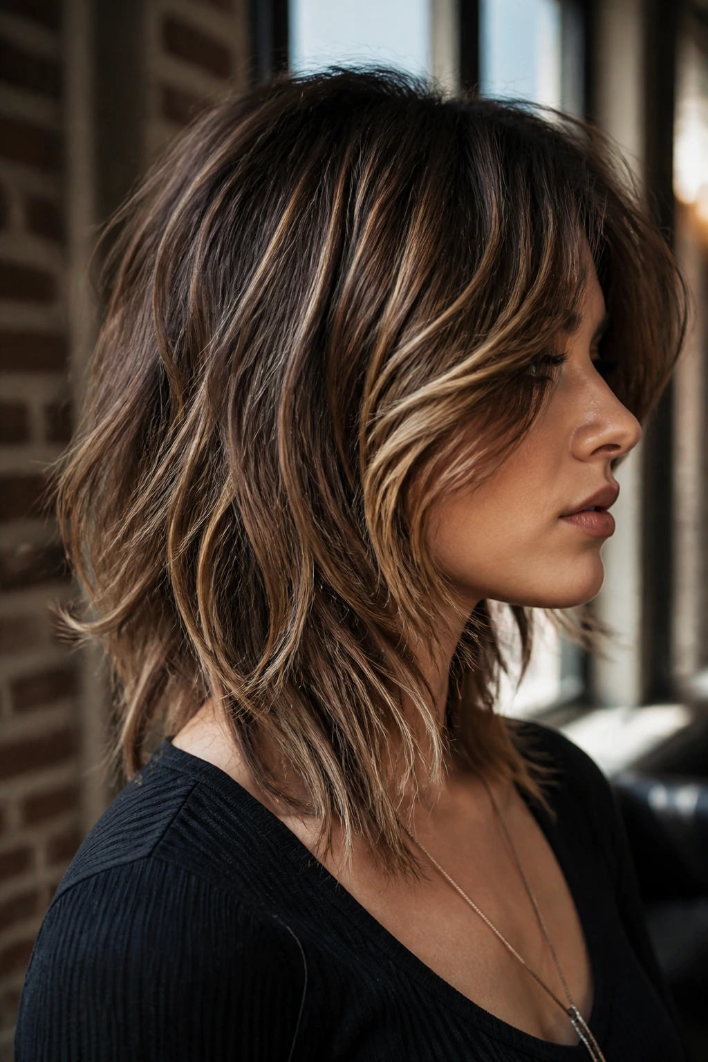 Side-profile close-up of a real woman with smoky caramel shag haircut showing textured layers