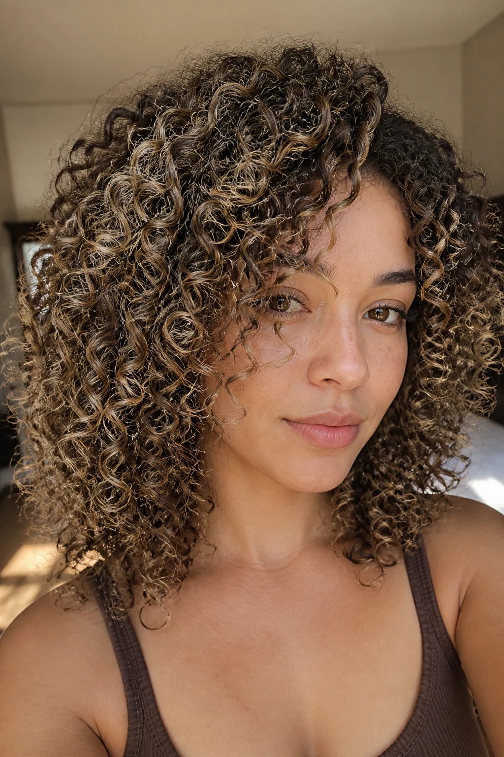 Close-up of a real person with thick 3C curls and smoky champagne babylights.