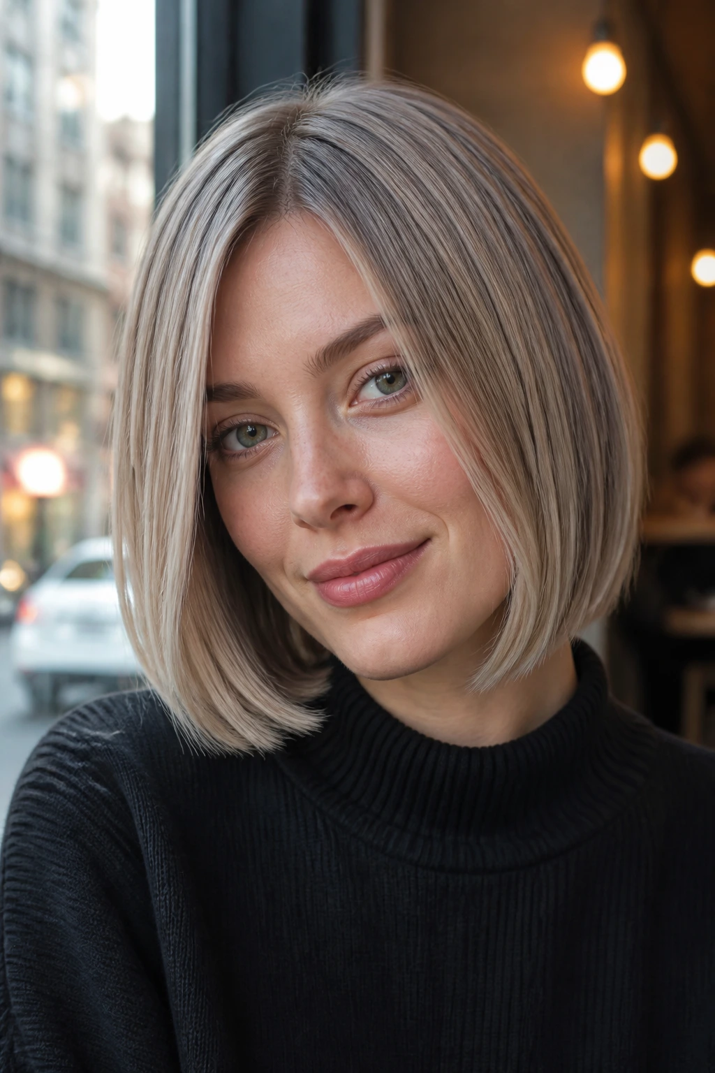 Close-up portrait of a real woman with smoky champagne bob hairstyle