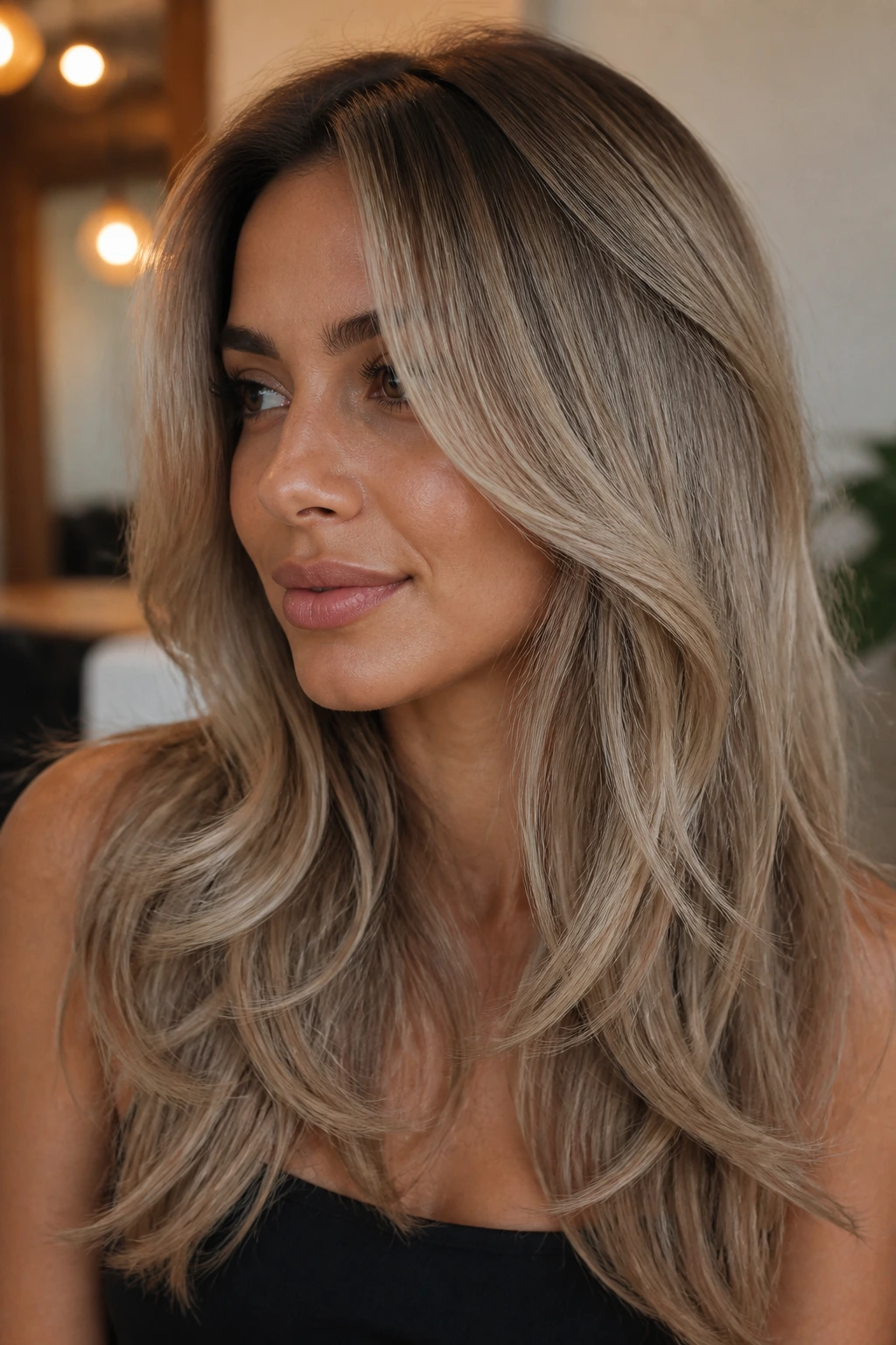 Close-up of a tan-skinned woman with smoky champagne curtain layers framing her face