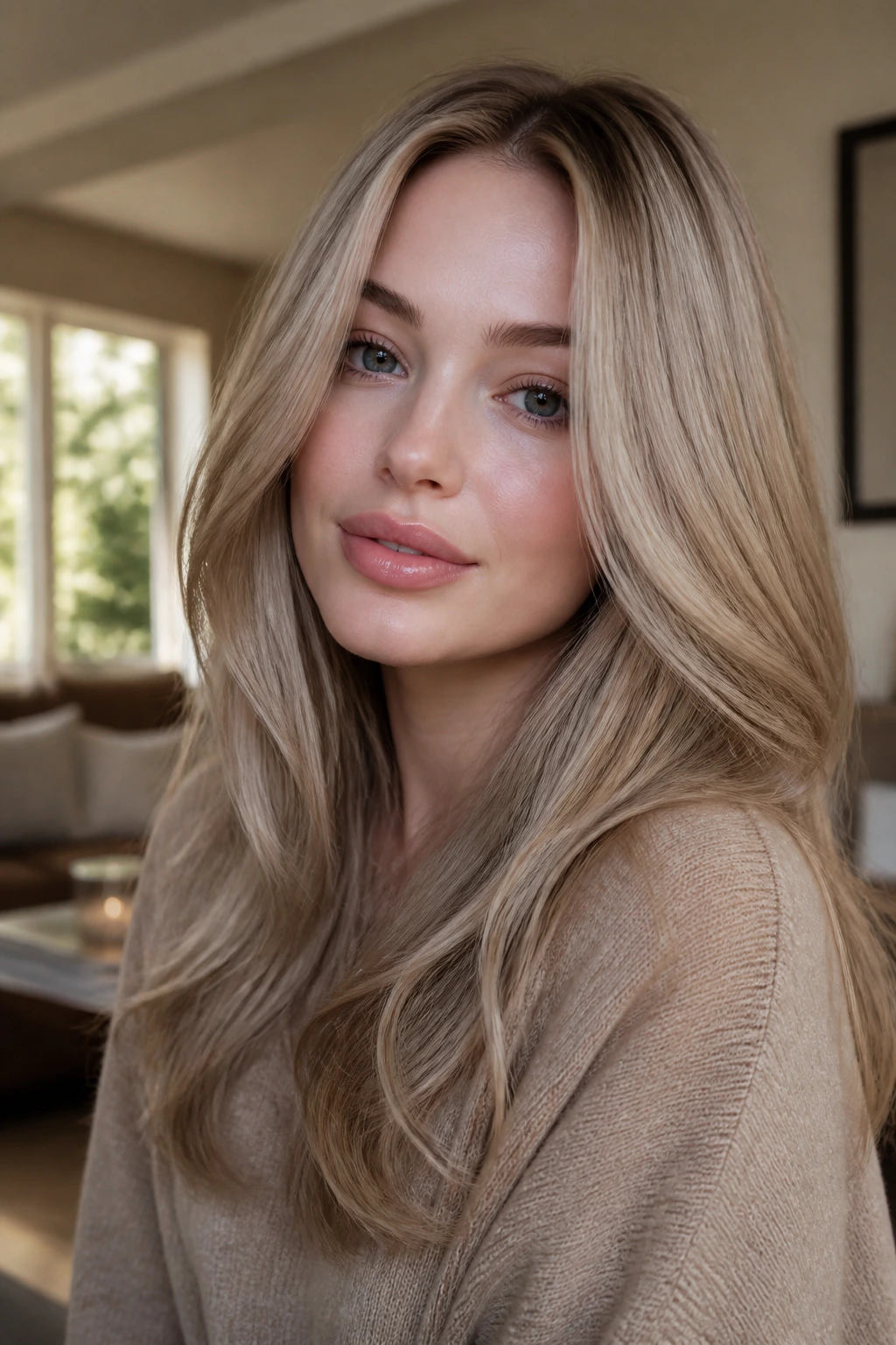 Close-up portrait of a real woman with smoky champagne hair and soft gloss