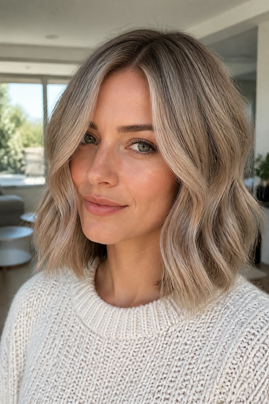 Close-up portrait of a real woman with smoky champagne lob hairstyle