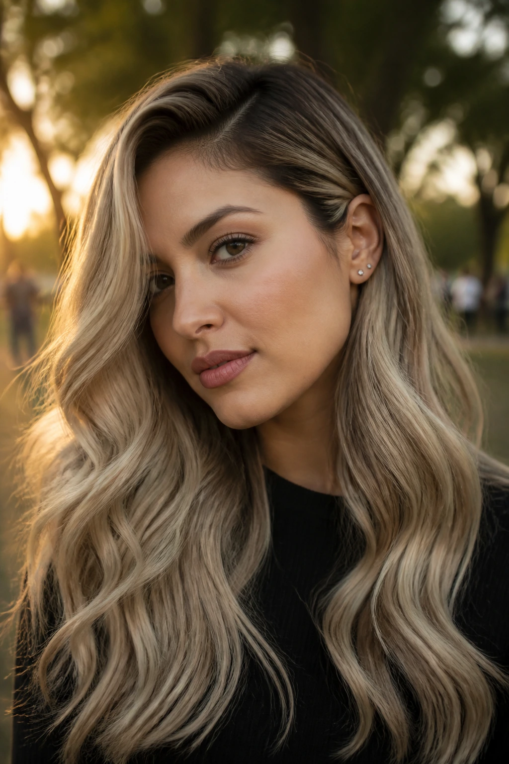 Close-up of a real woman with smoky champagne side-part waves.