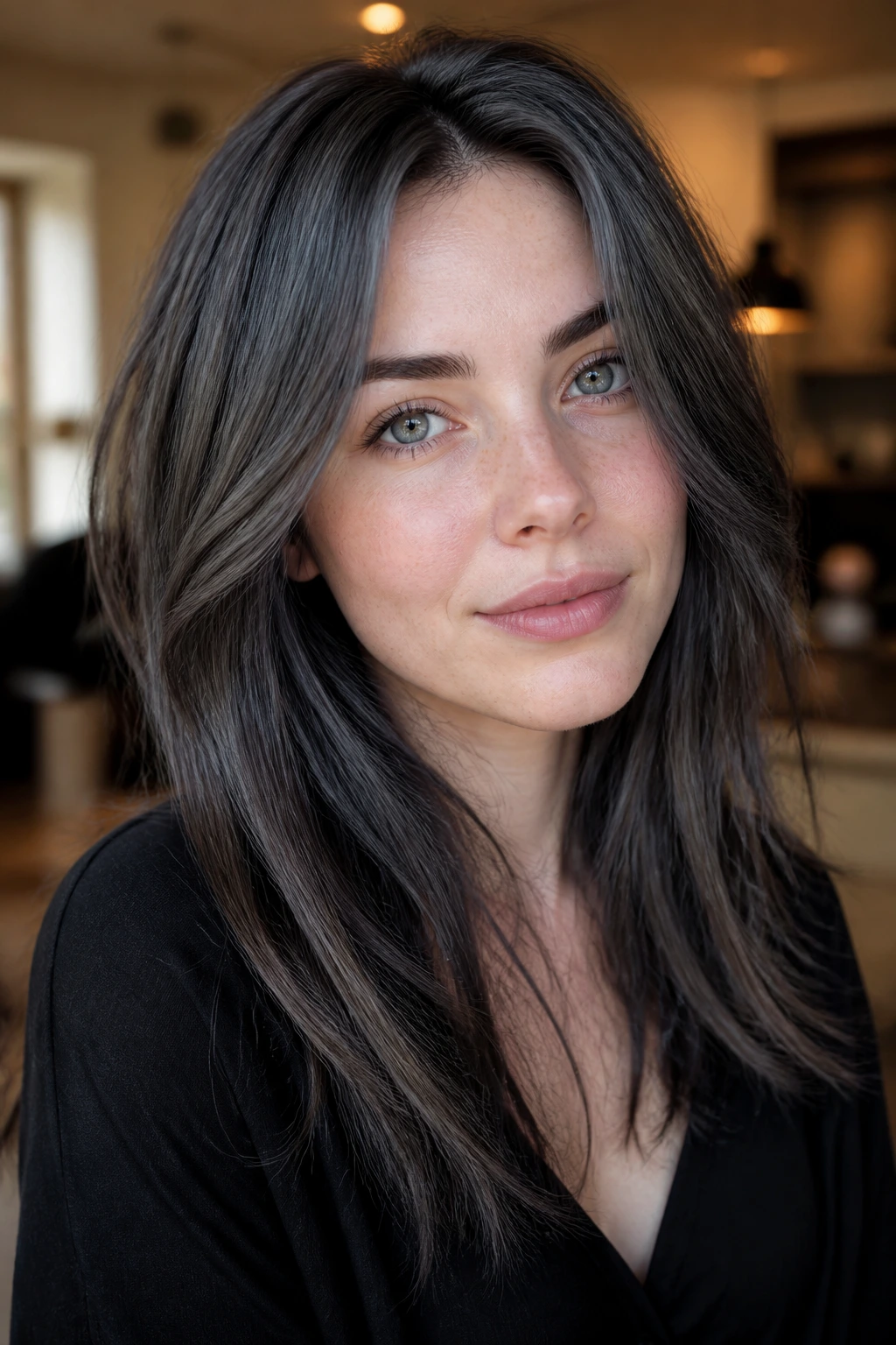 Close-up of a real person with smoky charcoal grey hair, depth at roots and glossy finish.