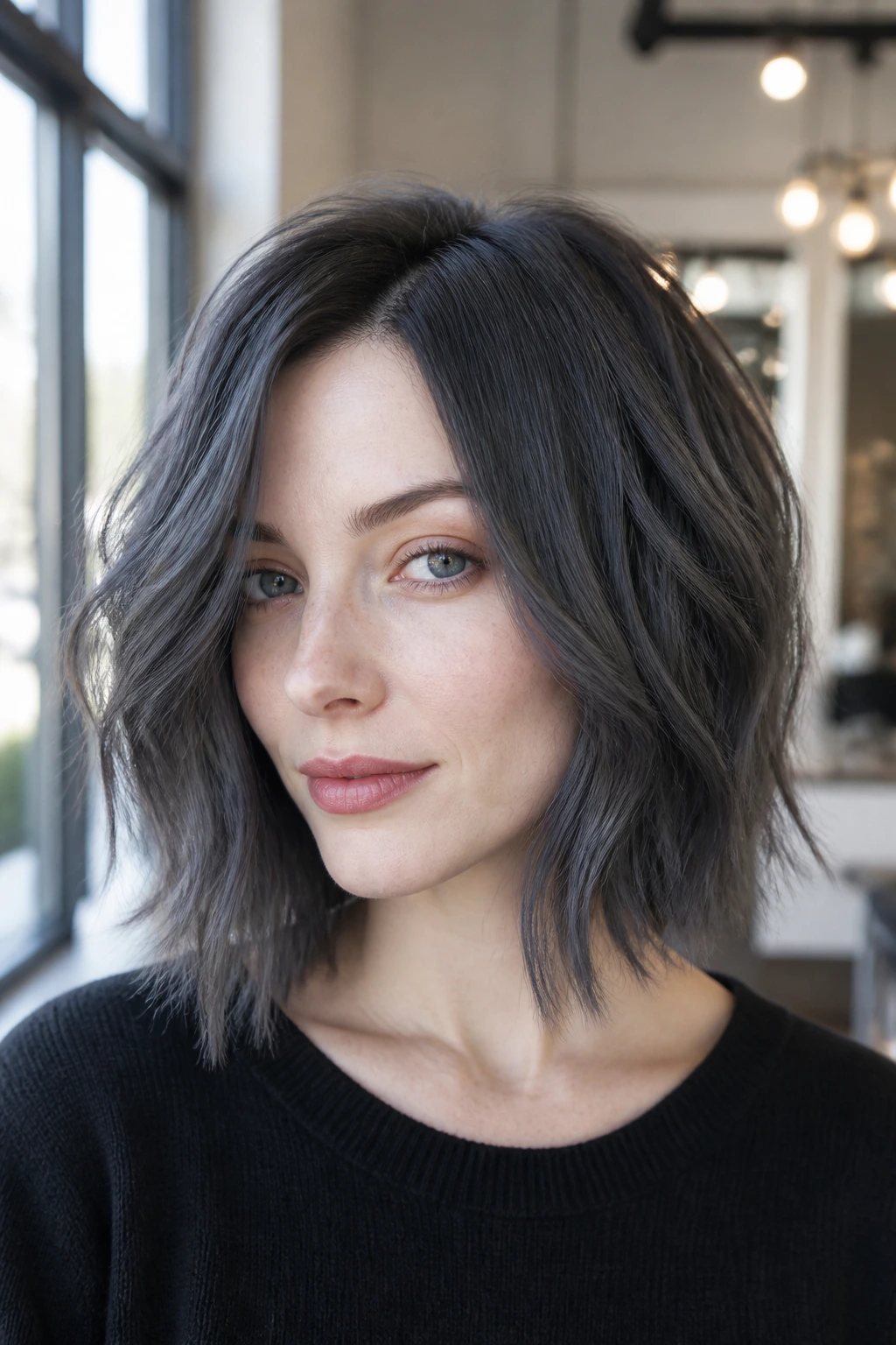 Portrait of a woman with smoky charcoal lob and natural light