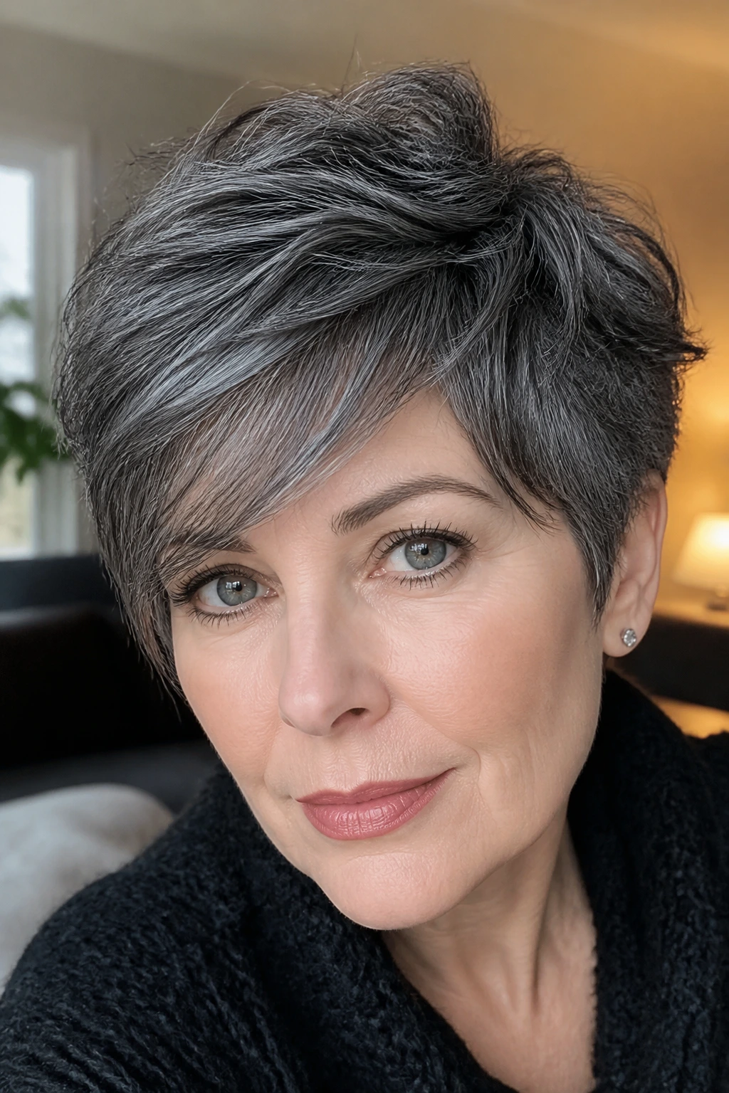 Portrait of a real woman with smoky charcoal pixie and feathered bang