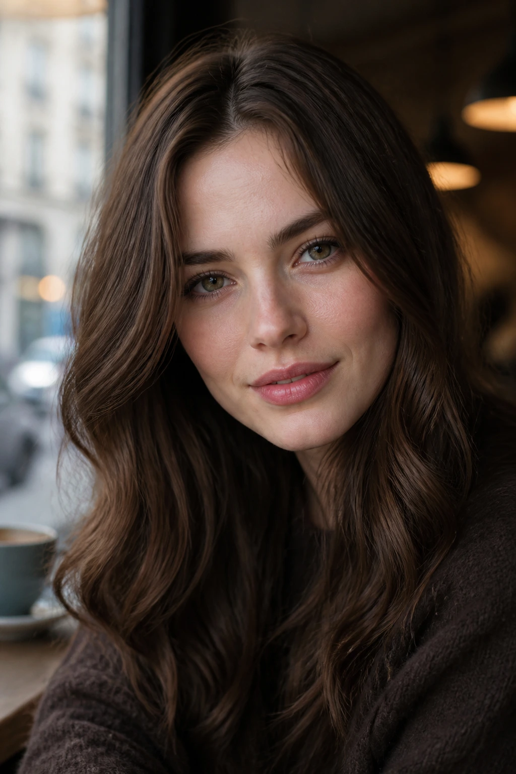Close-up portrait of a real woman with smoky chestnut hair