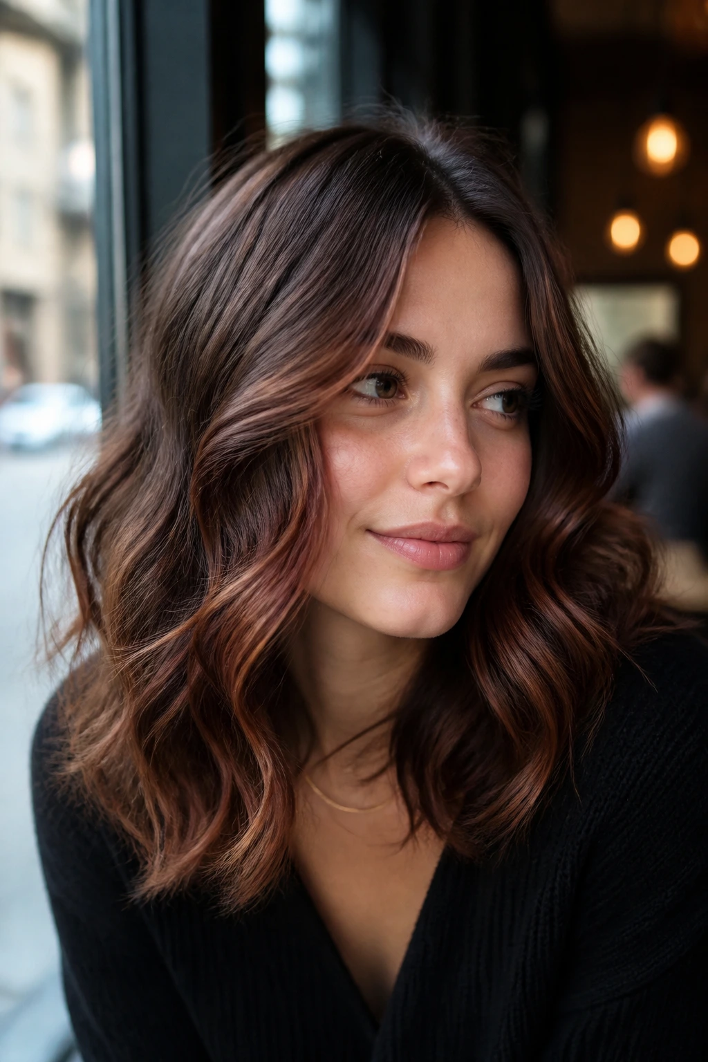 Portrait of a woman with smoky chestnut waves and highlighted hair under natural daylight