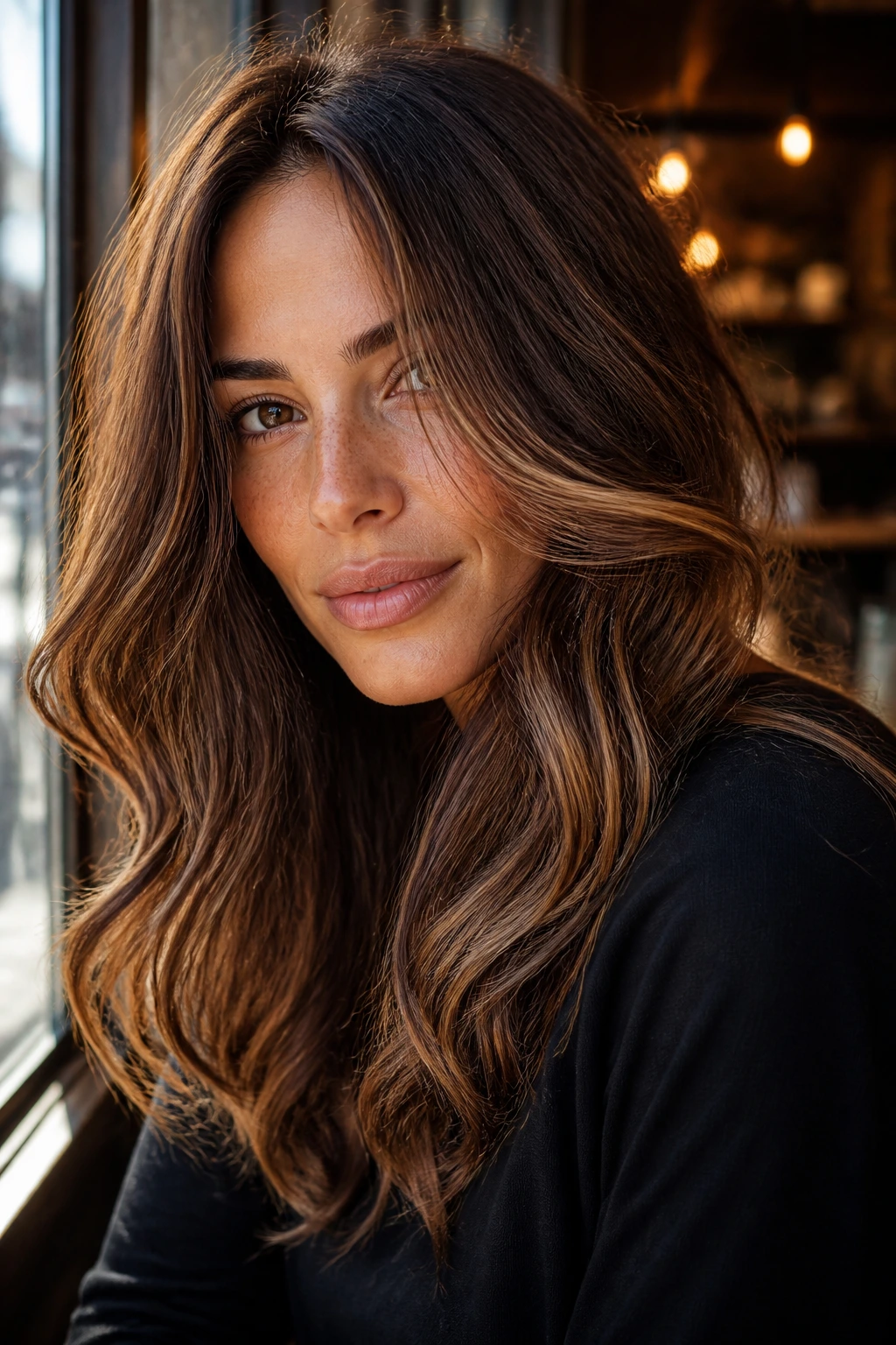Close-up of a real woman with Smoky Chestnut Whiskey hair color, warm chestnut brown with cocoa highlights