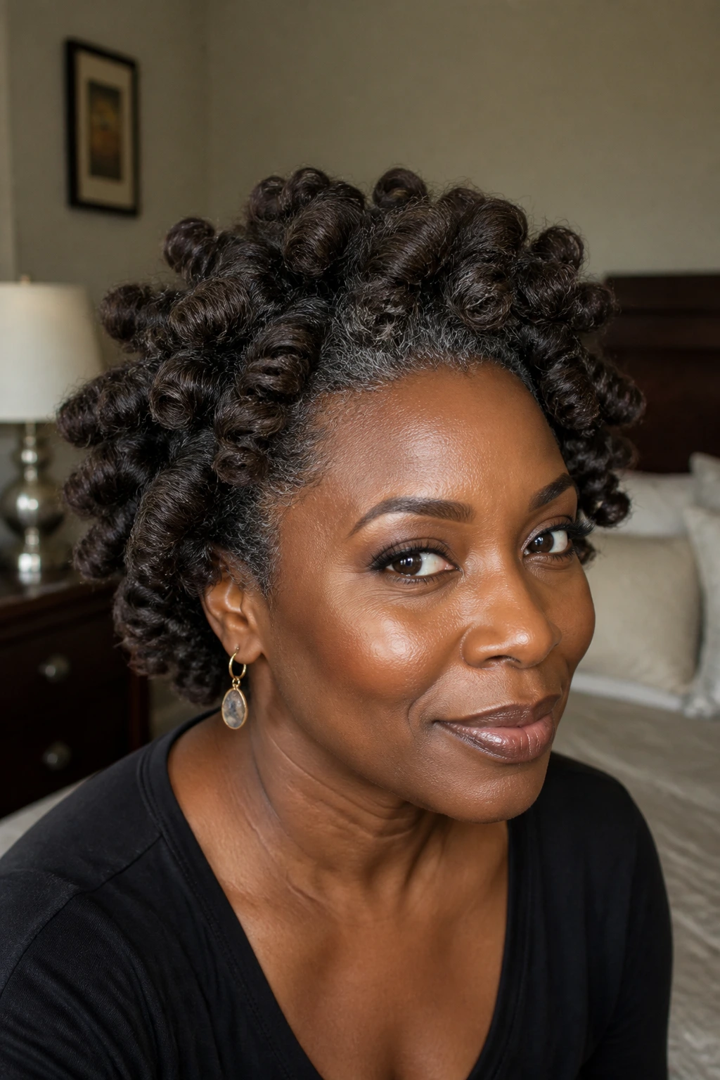 Close-up of a real person with smoky chocolate bantu knot-out hairstyle