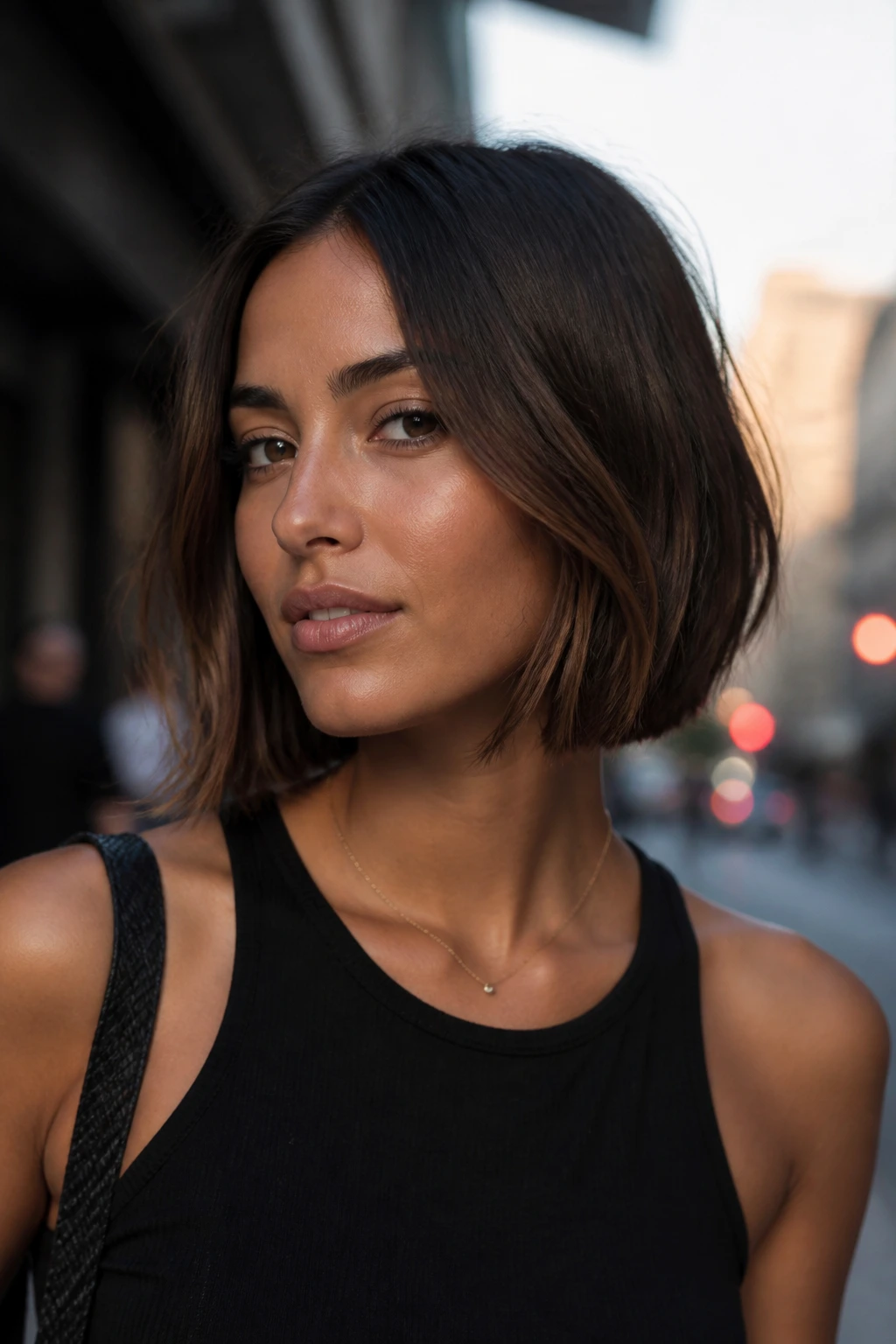 Close-up of a woman with smoky chocolate bob lights