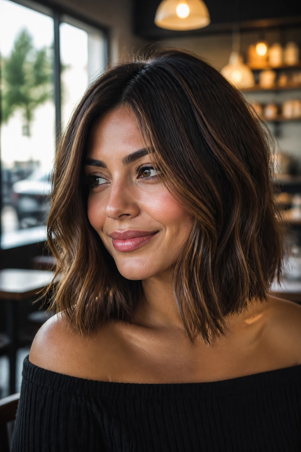 Portrait of a woman with smoky cinnamon lob and lowlights