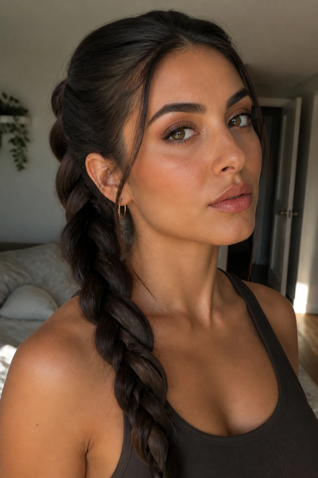 Close-up of a woman with a smoky cocoa braided ponytail framing the face