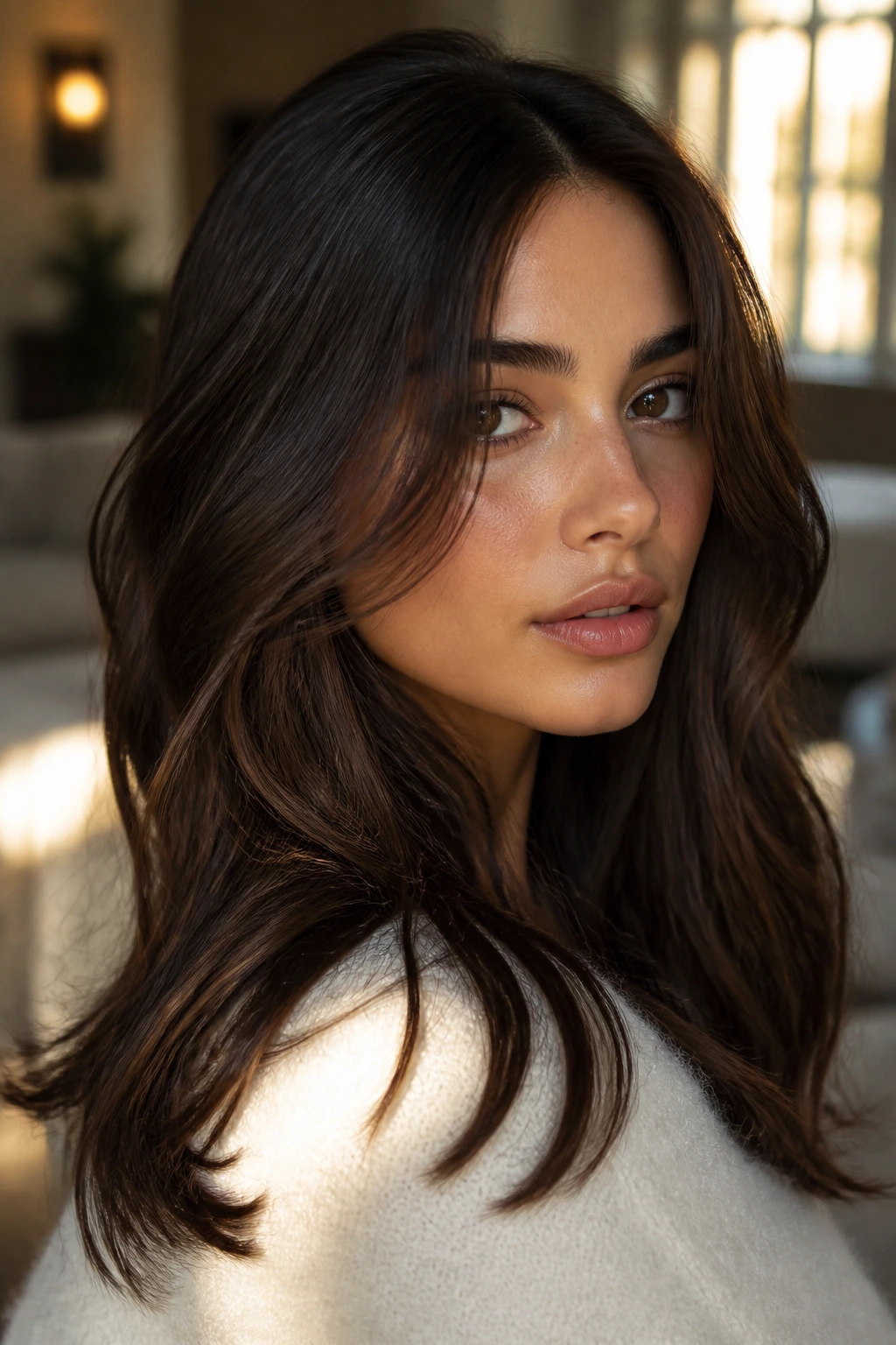 Close-up of a real woman with smoky cocoa brown hair
