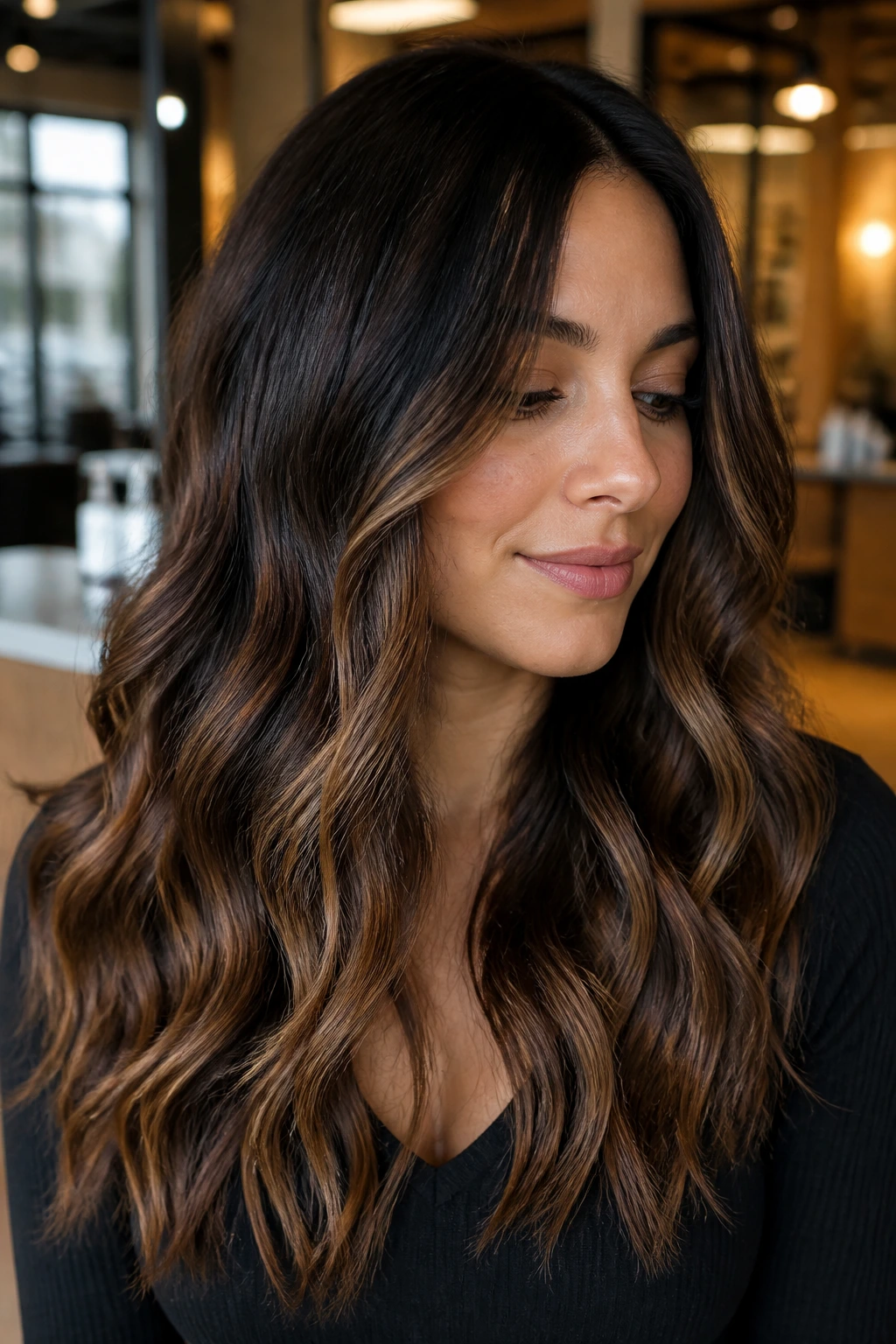 Close-up portrait of a real woman with smoky cocoa melt ombre on dark brunette waves