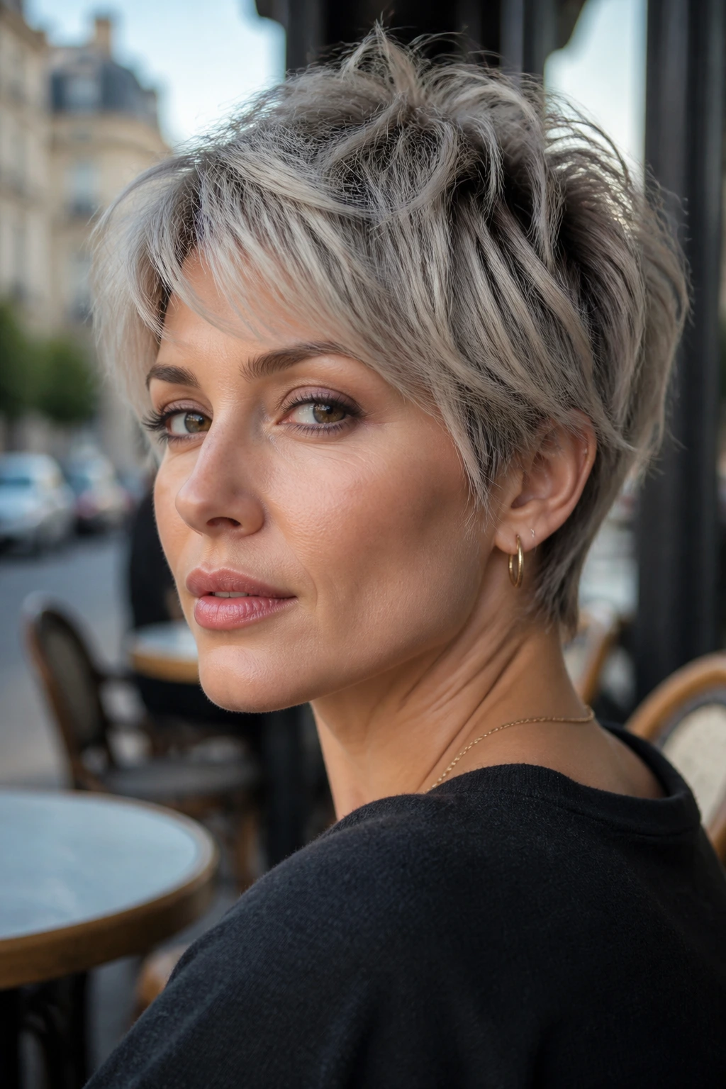 Real woman with smoky cream shag pixie hairstyle outdoors