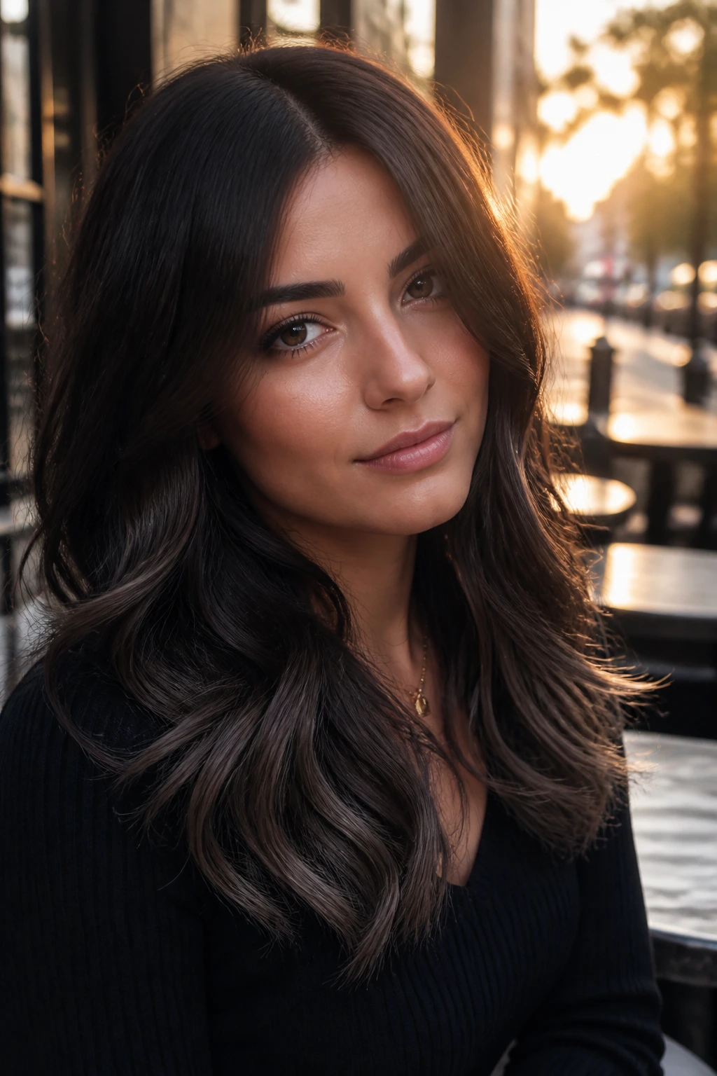 Close-up of dark brunette with smoky ends on lower lengths